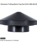 Eliminator Trolling Motor Prop Nut for Minn Kota 35-70 lb models with heat sink cooling ports, shown in black with textured grip.