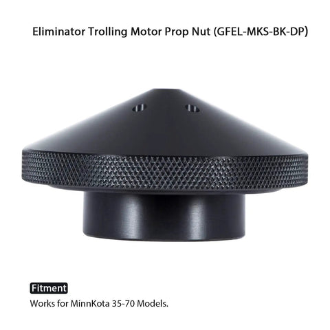Eliminator Trolling Motor Prop Nut for Minn Kota 35-70 lb models with heat sink cooling ports, shown in black with textured grip.