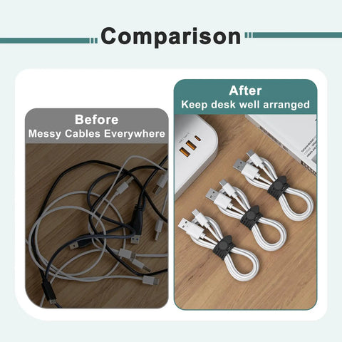 Before and after showing Reusable Silicone Cable Ties 20 Pack Boss Level Desktop Cord Organizers keeping cords tidy.
