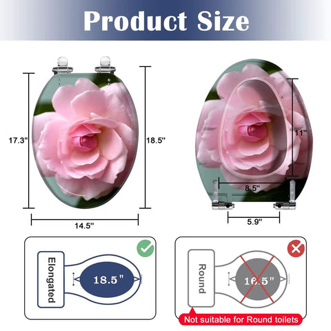 Elongated Toilet Seat for Bathroom with pink rose design, measuring 18.5" in length and 14.5" in width.