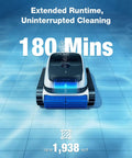 Ultramarine P1 Pool Cleaner Robot Kit With 4800GPH UltraPure Suction on pool floor, showing 180 mins runtime and coverage