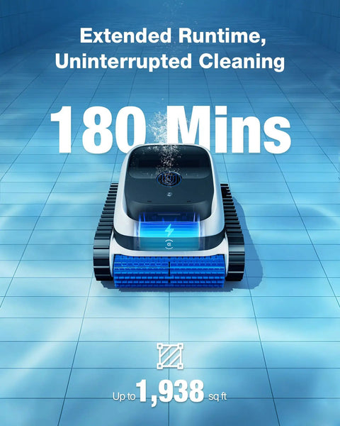 Ultramarine P1 Pool Cleaner Robot Kit With 4800GPH UltraPure Suction on pool floor, showing 180 mins runtime and coverage