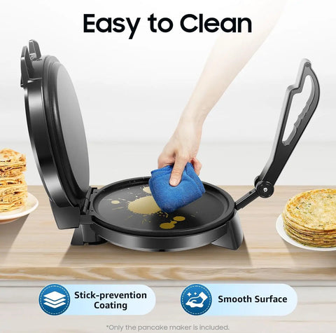 1200W Electric Roti Maker Automatically Presses Chapati Naan And Tortillas Fast Flatbread Cooker with non-stick surface being cleaned.