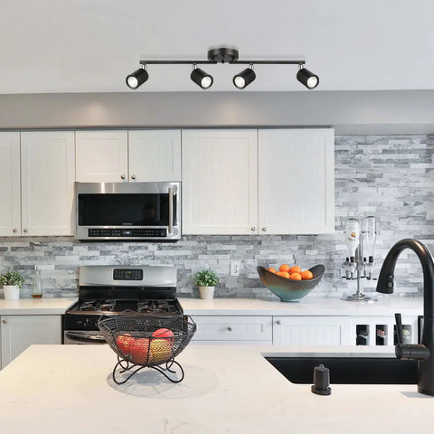 Four Light Track Lighting Kit With Rotatable Black LED Heads Dimmable 1600 Lumens Daylight White 5000K in modern kitchen.