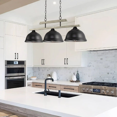 Dope 35 Inch 3 Light Modern Farmhouse Island Pendant Light With Large Dome Shades Adjustable Hanging Height Gray Oak Finish For Kitchen Island And Breakfast Bar in kitchen setting