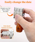 Top Shelf Adjustable Roller Date Stamp showing hand adjusting the date dial, perfect for scrapbooking and office work.