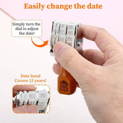 Top Shelf Adjustable Roller Date Stamp showing hand adjusting the date dial, perfect for scrapbooking and office work.