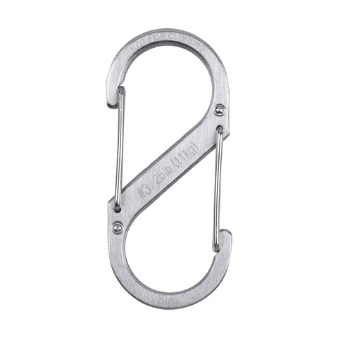 Close-up of Size 3 SBiner Dual Carabiner Stainless Steel, Double Gated Clip for Keychains, Gear and Outdoor Use, on white background
