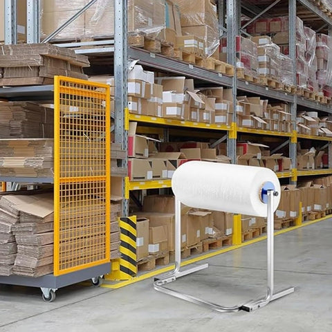 Heavy Duty Bubble Wrap Dispenser With Vertical Rolling Stand For Quick Packing And Easy Film Swaps Rock Solid Steel Frame in warehouse.