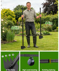 Man holding Two In One Weed Puller And Garden Hoe with 60 inch and 44 inch handles in a garden.
