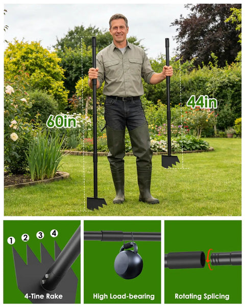 Man holding Two In One Weed Puller And Garden Hoe with 60 inch and 44 inch handles in a garden.