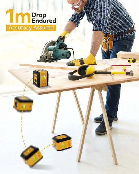 Man using power saw on wooden table with drop-resistant laser level visible, highlighting durability and accuracy assurances.