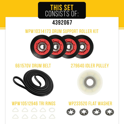 Dryer Repair Kit 4392067 For Whirlpool Duet Front Load Dryers With Belt 661570 Roller Drum Support Kit W10314173 Idler 279640