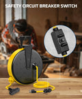 30 Foot Retractable Extension Cord Reel With Ceiling Or Wall Mount Sixteen Gauge Three Conductor SJTW Power Cord Three Outlets 10 Amp Breaker Metal Plate UL Listed For Garage And Shop on workbench