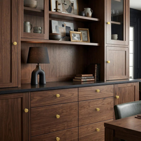 30 Pack Gold Cabinet Knobs And Brushed Brass Drawer Pulls With A Sleek Round Shape Made From Heavy Duty Zinc Alloy for smooth grip on wooden drawer.