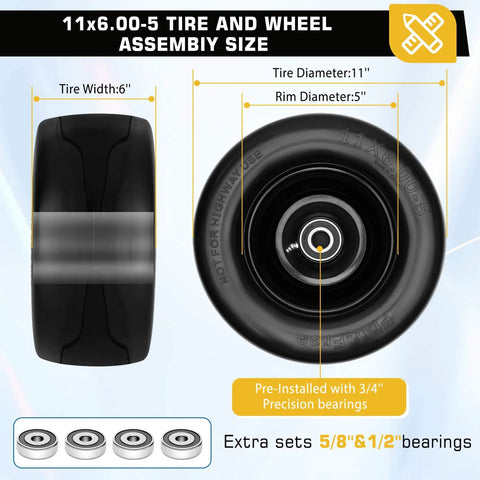 2 Pack 11x6.00-5 Flat Free Lawn Mower Tires And Wheels, Solid Front Tires For Zero Turn Mower, Tubeless PU Material, Bearings
