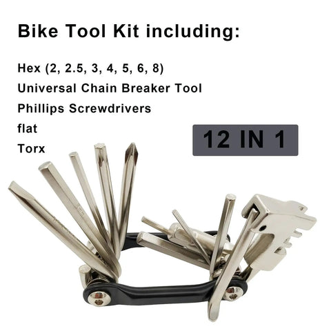 All In One Bike Multitool Kit With Chain Breaker And Tire Repair, stainless steel, foldable, shown with 12 tools extended.