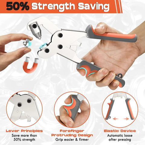 Heavy Duty Snap Fastener Tool Kit With 140 Pcs Snap Buttons And Pliers For Leather Canvas Boat Covers Marine Tarp And Fabric Repair Pro Grade Built For DIY On The Go, showing ergonomic pliers in use.