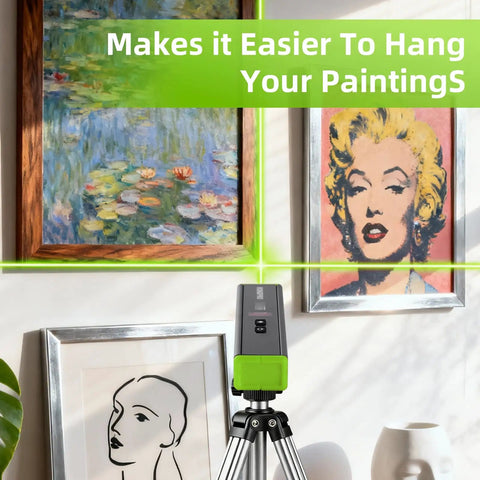 Portable Laser Level With Light And Magnetic Pocket Torpedo Tool For 15 Ft Cross Line Vertical And Horizontal Bubbles Handy For Hanging Pictures Walls And Home Renovation Projects Green Line, used on wall art