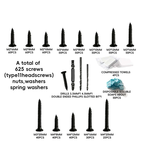 625 Piece Self Tapping Screws Set With 14 Sizes M2 M3 M4 in clear box, includes drills, towels, and soaps, carbon steel, rust resistant.