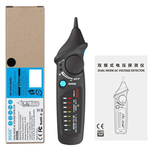 Non Contact Voltage Detector Pen AVD06 12-1000V with Auto and Manual modes, packaging, instructions, and NCV features