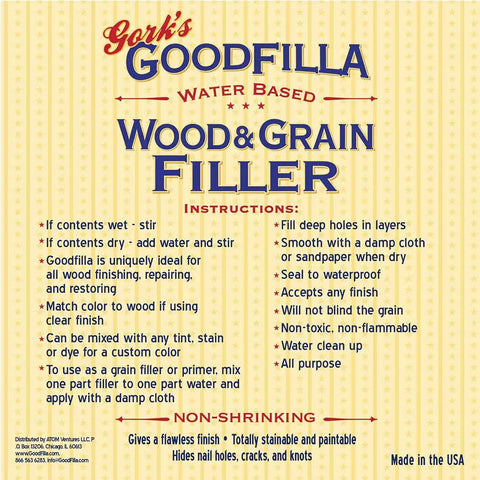 Label of Gork's Goodfilla Water Based Wood & Grain Filler instructions and features, made in USA