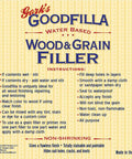 Gork's Goodfilla water based wood filler instructions, showcasing usage tips for flawless repairs, non-shrinking formula.