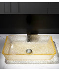 Go Big Or Go Home Bathroom Remodel With This Premium Crystal Glass Vessel Basin Featuring Tough Rectangular Design Heavy Duty Construction Smooth Pop Up Drain And Shatter Proof Build That Seriously Slaps. Clear rectangular sink on countertop with pop-up drain.