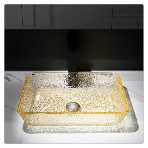 Go Big Or Go Home Bathroom Remodel With This Premium Crystal Glass Vessel Basin Featuring Tough Rectangular Design Heavy Duty Construction Smooth Pop Up Drain And Shatter Proof Build That Seriously Slaps. Clear rectangular sink on countertop with pop-up drain.
