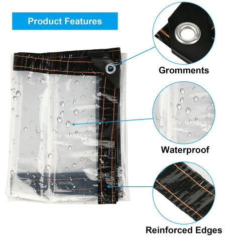 Two Pack Clear Tarp Covers Heavy Duty Waterproof Tarpaulin With Grommets For Garden Greenhouse Balcony Patio And Outdoor Use Tear Resistant Weatherproof 39 By 39 Inch Rain Snow Wind Protection showing features like grommets and waterproof material.