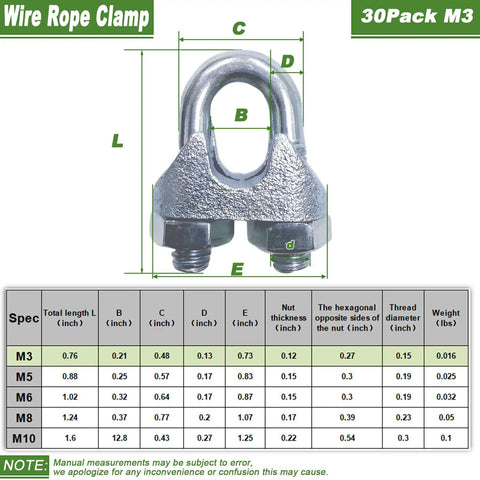 30 Piece One Eighth Inch Galvanized Wire Rope Clamps U Bolt Cable Fasteners For Marine And Outdoor Rigging With Dual Nut Anti Loosening Design And Finger Tightening For Instant Security, dimensions chart view