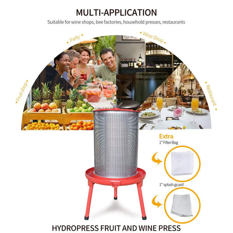 Water-Powered Fruit Wine Press For Home Cider And Natural Juice Making, Electricity-Free Hydraulic Press With 10.7 Gallon Capacity, Includes Filter Bag And Splash Guard, Awesome For Easy DIY Wine, Cider, And Fresh Juice, with filter bag and splash guard