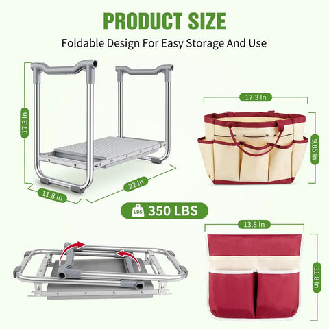 2 In 1 Garden Kneeler And Seat With Thick Soft Pad And Tool Bag Foldable design, metal frame, 22-inch width, 350 lbs capacity
