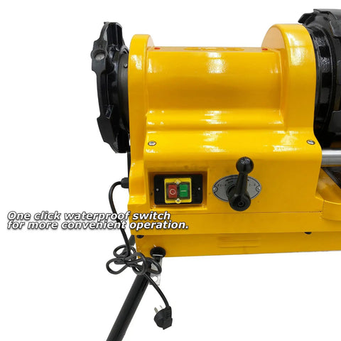 Close-up of Heavy Duty One Horsepower Electric Pipe Threader Cutting Machine For Half To Four Inch Steel Tubing control panel and switch.