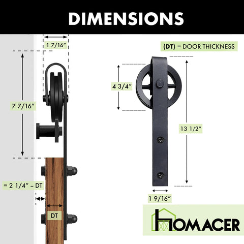 Beefy Black Rustic Sliding Barn Door Hardware Kit For Two Doors, side and front view with dimensions, 16ft track system