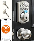 Built In WiFi Fingerprint Smart Lock With Two Knobs No Hub Needed Remote App Control Keyless Entry Front Door Deadbolt Auto Lock Satin Nickel Finish 7 Ways To Unlock For Everyday Convenience on black door.