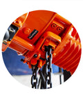 Close-up of 4400 Lbs Electric Chain Hoist Three Phase Power 208 To 240 Or 440 To 480 V 20 Ft Lift Height H3 Duty G100 Alloy Chain