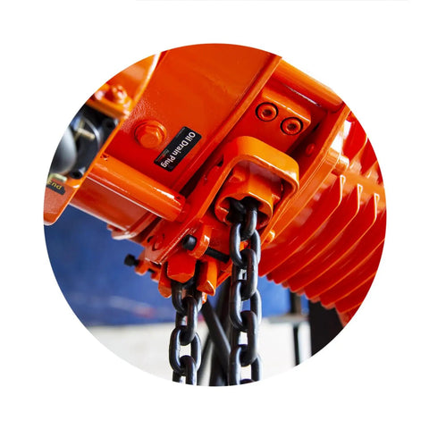 Close-up of 4400 Lbs Electric Chain Hoist Three Phase Power 208 To 240 Or 440 To 480 V 20 Ft Lift Height H3 Duty G100 Alloy Chain
