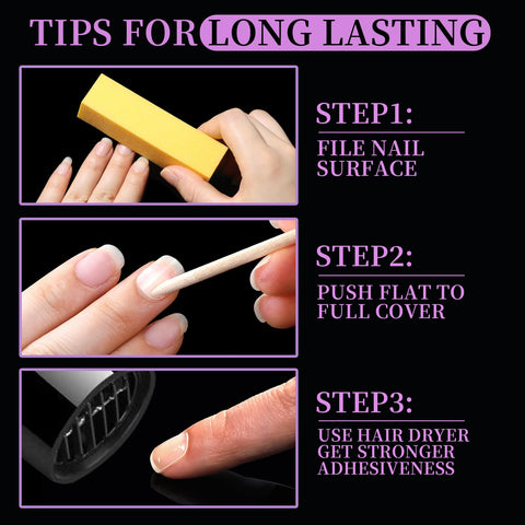 Steps for long-lasting nails using 600 Pieces Press On Nail Adhesive Tabs Set With 15 Sizes For Perfect Fit No Glue Needed Easy On Wear