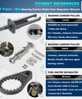 Three Piece Outboard Bearing Carrier Puller Set With Fuel Filter Water Separator Wrench for Yamaha Johnson Evinrude Mercury Honda MerCruiser Marine Engines shown, featuring upper and lower bearing pullers and water separator wrench.