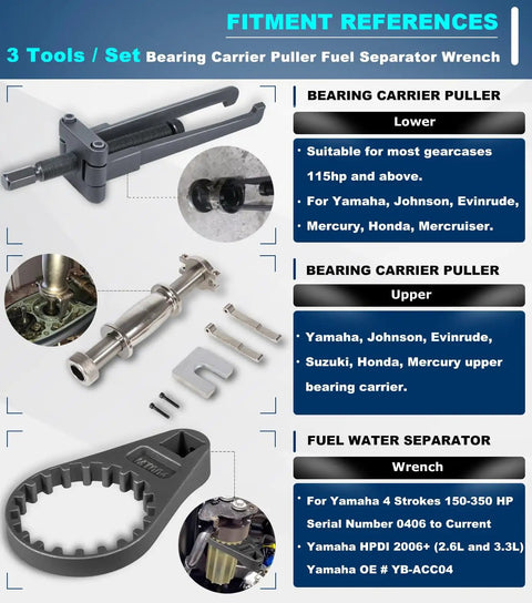 Three Piece Outboard Bearing Carrier Puller Set With Fuel Filter Water Separator Wrench for Yamaha Johnson Evinrude Mercury Honda MerCruiser Marine Engines shown, featuring upper and lower bearing pullers and water separator wrench.