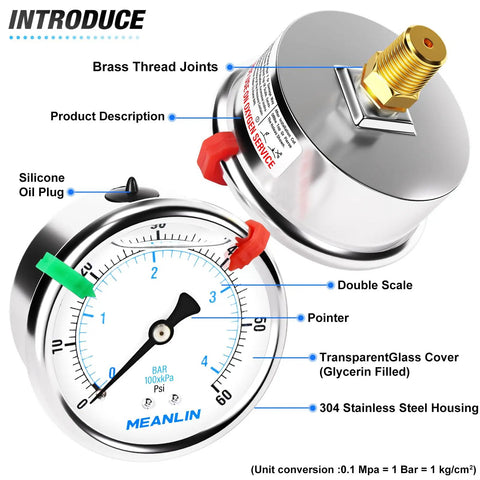 Heavy Duty Stainless Steel Liquid Filled Pressure Gauge 0 To 60 Psi, 2 1/2 Inch Dial, 1/4 NPT Thread, Center Back Mount, Glycerin Filled