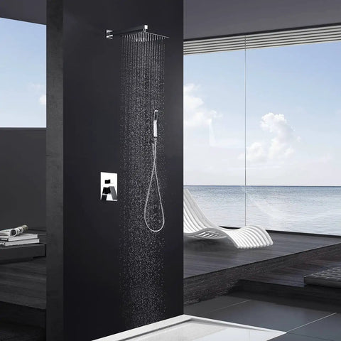 All In One Square Shower System With 10 Inch Rain Shower Head And Handheld Shower Polished Chrome Valve Trim Kit in modern bathroom