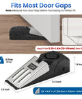 Side view of a black and silver door stop alarm wedge placed under a door showing dimensions for 2 Pack Door Stop Alarm for Home and Travel Safety.
