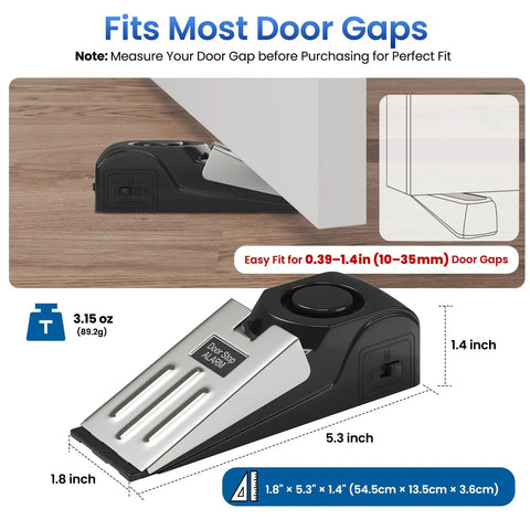 Side view of a black and silver door stop alarm wedge placed under a door showing dimensions for 2 Pack Door Stop Alarm for Home and Travel Safety.