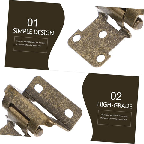 Close-up of four pack self closing cabinet door hinges with no slam soft close, rust resistant bronze finish, for iron corner cabinets.
