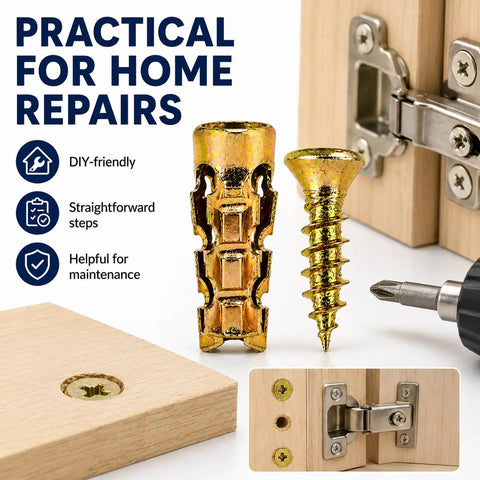 6 By 14 Mm Short Expansion Screw Set For Cabinet Hinges Repair Kit with screws, anchor, and cabinet hinge in use