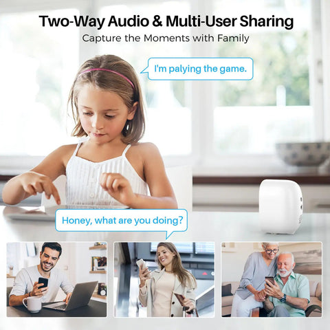 Family using 2K Battery Powered Wireless Security Camera for Indoor Outdoor Use With AI Motion Detection, Color Night Vision, IP66 Weatherproof.