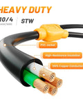 Close-up of NEMA 14-30P To 2X 14-30R Dryer Splitter Y Adapter Cord For Modern Four Prong Outlets With Level 2 EV Charger Hookup.
