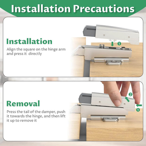 Installation and removal guide for Cabinet Hinge Damper Pack Of 20 For Blum Straight Arm Full Overlay Hinges With Nickel Plated Finish Replaces 973A0500.01 Dampers For European Non Soft Close Hinges Not For Face Frame Short Arm Or Flush Mounted Spring Hinges